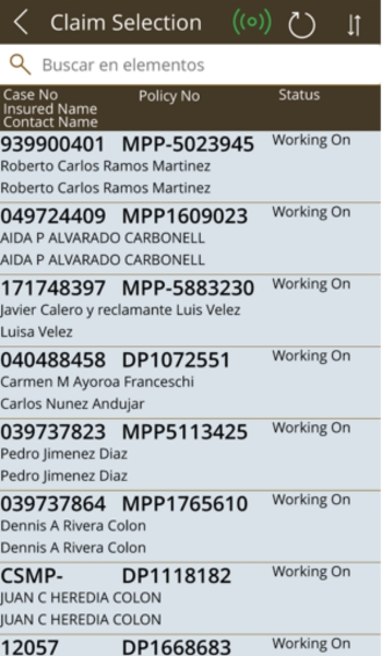 Lista de selección de reclamaciones en DamageQ
