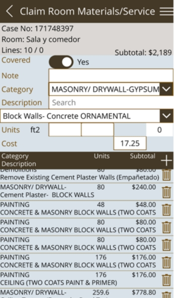 Lista de materiales y servicios en DamageQ